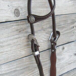 Basketweave Double Buckle Flared One Ear Headstall Nickel Rope Edge Floral